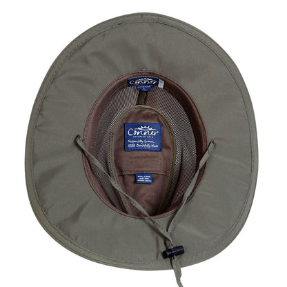 Underneath view of Lightweight cool mesh outback hiking hat made with recycled plastic bottles in color Olive showing organic cotton inner band and secret pocket