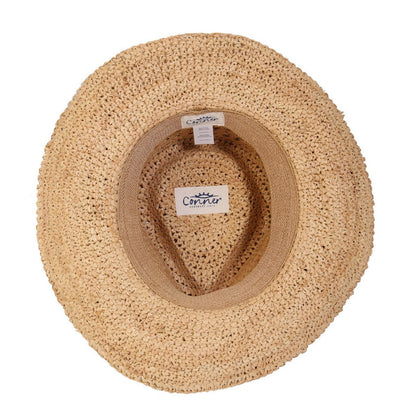 Inside view of men's raffia straw golf and gardening hat showing soft terry inner sweat band and organic cotton labels