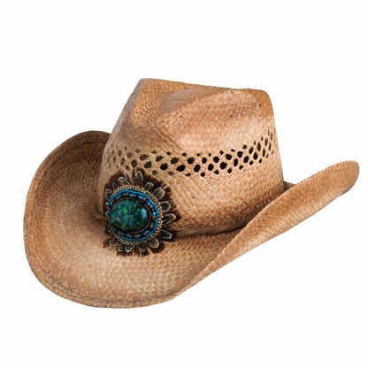 Raffia straw western women's hat with vented crown and beautiful beaded feather concho