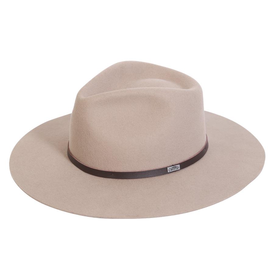 Stiff raw edge western outback wool hat with wide flat brim in Putty color with dark leather band