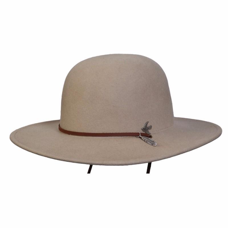 Wide brim women's Wool Hat  in color Putty with bird and feather metal emblem and leather chin cord