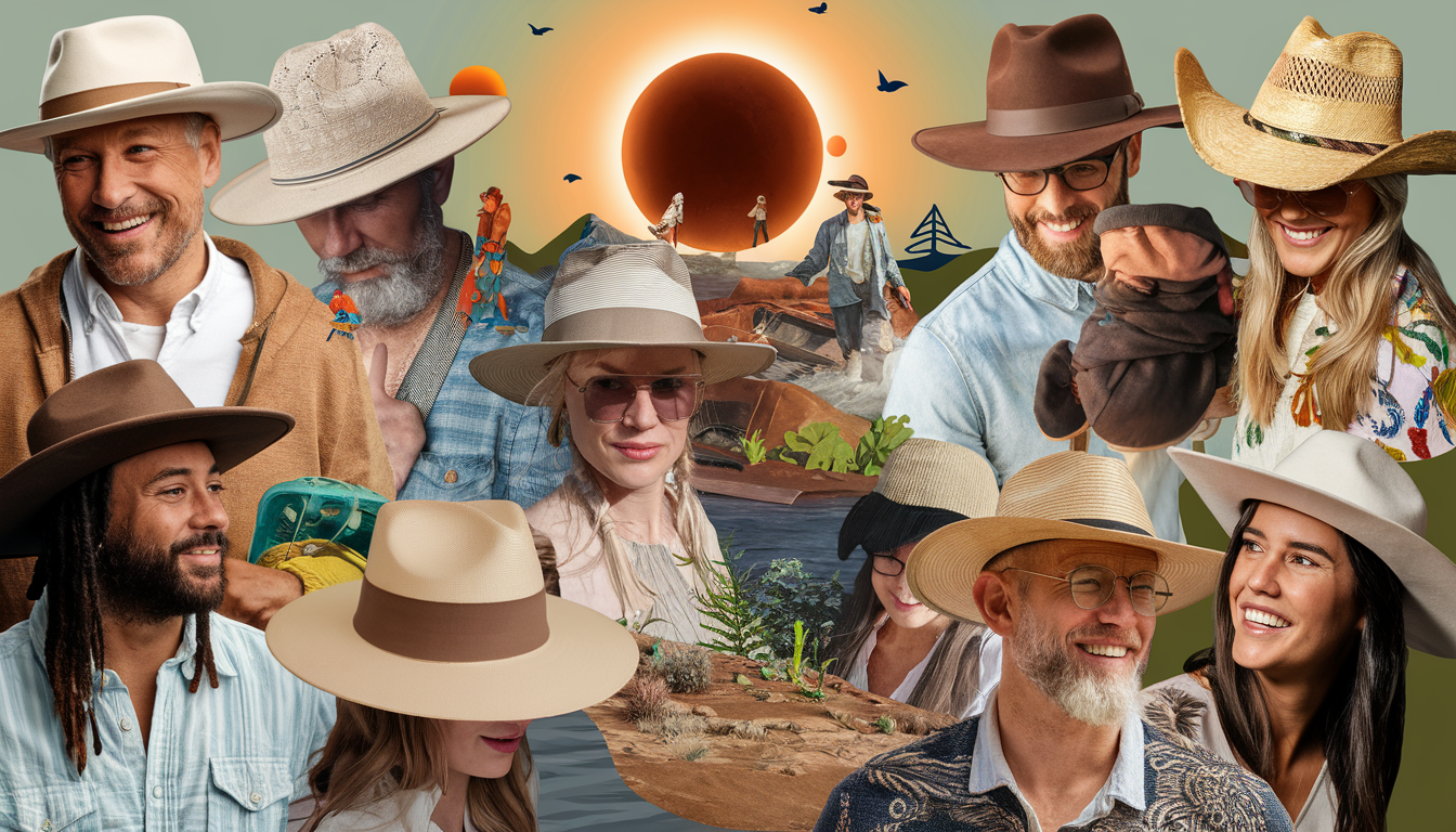 A diverse group of people wearing eco-friendly hats enjoy an outdoor solar eclipse, engaging in activities like hiking, boating, and gardening amidst a natural, sustainable setting.