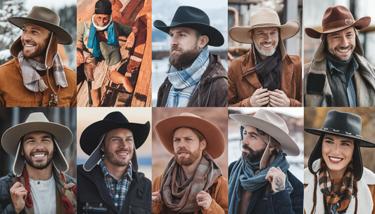 Diverse group of people enjoying outdoor winter activities wearing stylish hats with ear flaps, set against natural and urban backdrops.