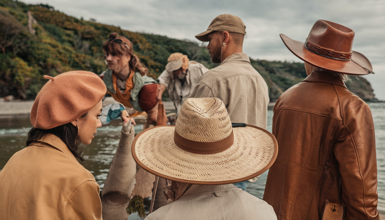 A diverse group of people wearing various Conner Hats, engaged in outdoor activities in a lush garden setting.