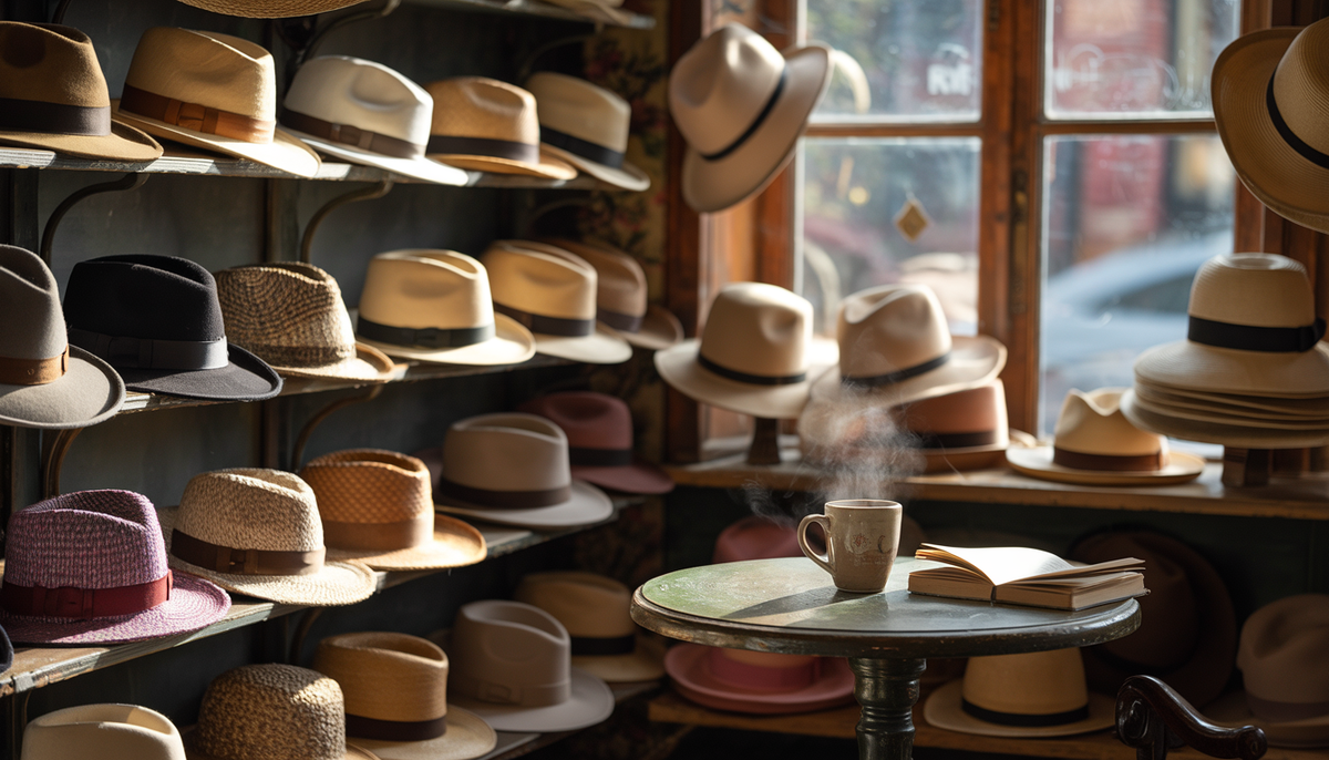 Interior of a rustic hat shop with natural light, featuring various hats like fedoras and sun hats on wooden shelves, and a cozy table with a coffee cup by the window.