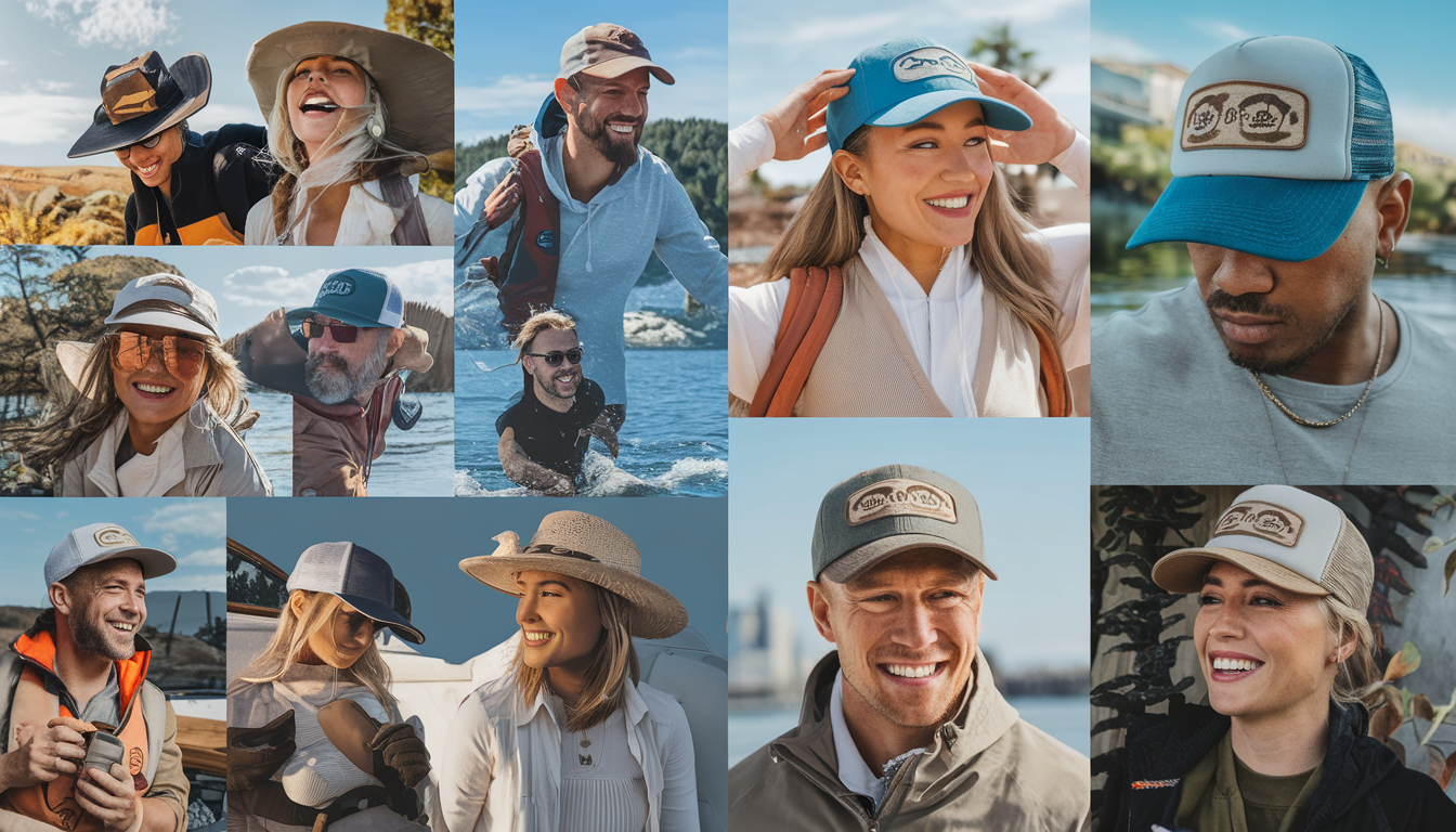 A diverse group of people engaged in outdoor activities like hiking, boating, and urban exploring, all wearing stylish Conner Hats in a natural and urban setting.