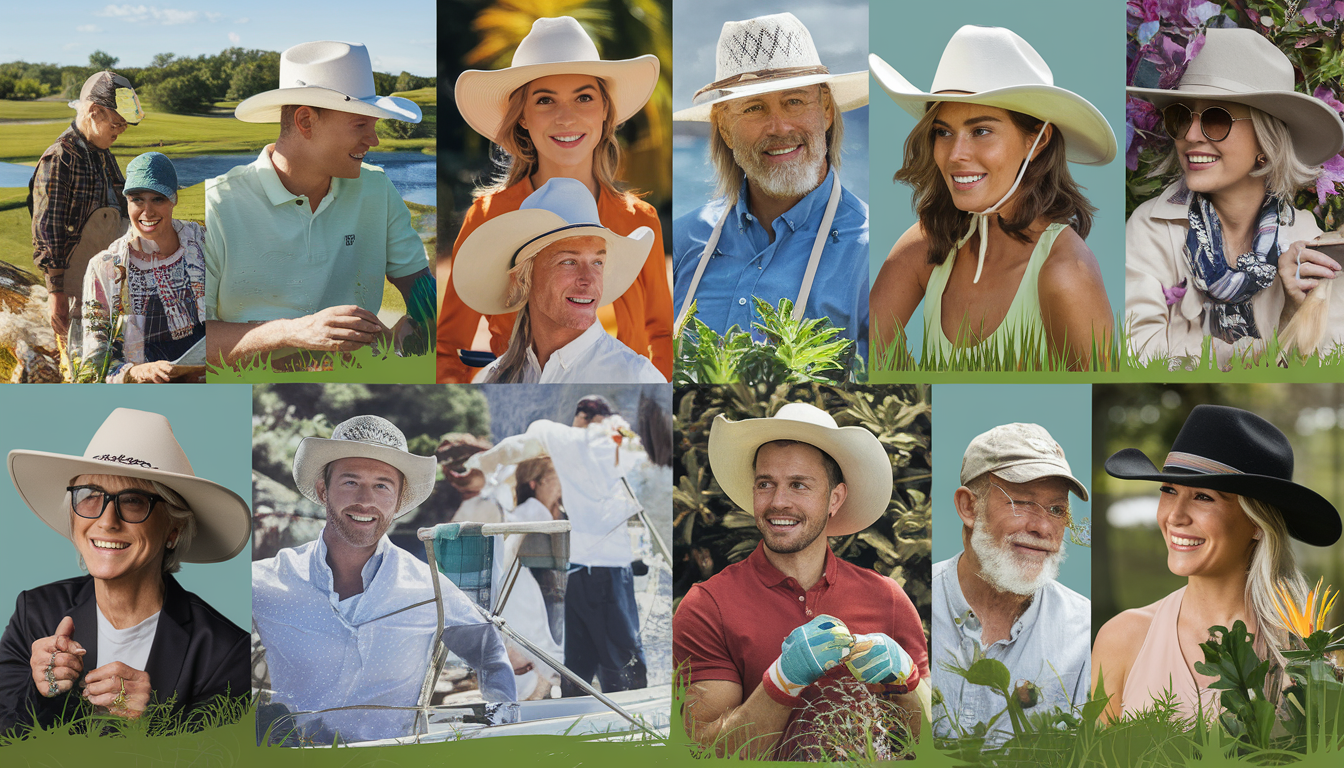 A diverse group of people engaged in outdoor activities like hiking, boating, and gardening, all wearing various stylish hats amidst lush landscapes and serene water bodies.