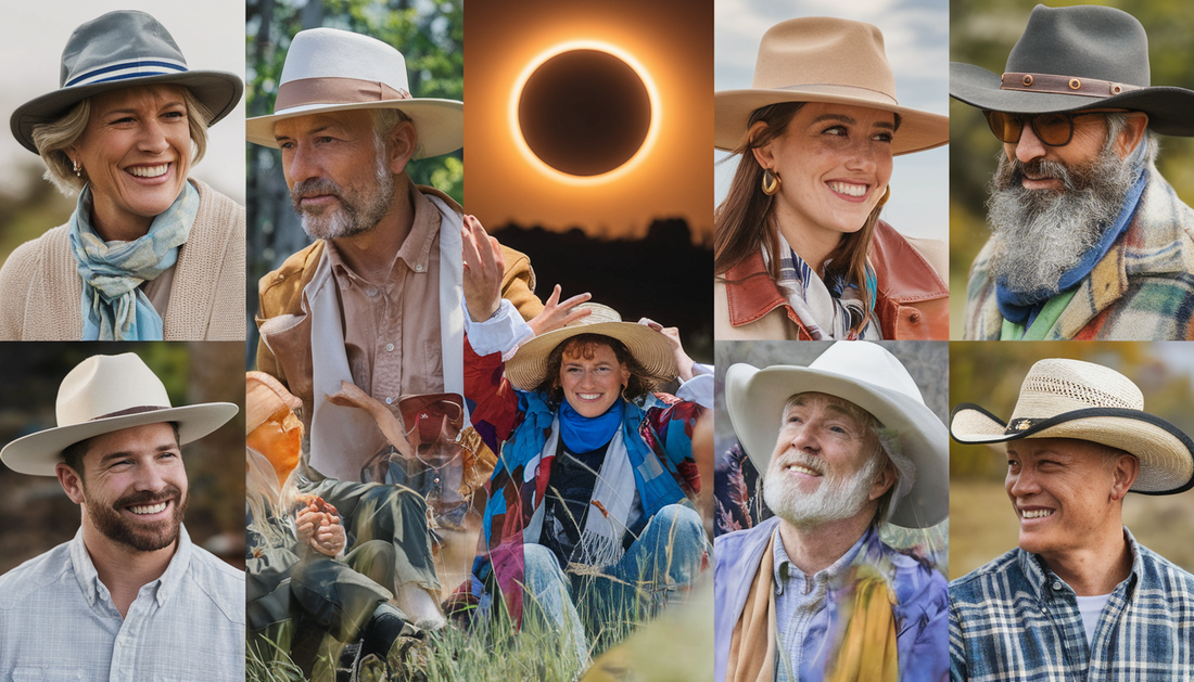 A diverse group of people wearing various Conner Hats enjoys an outdoor scene during a solar eclipse in a scenic USA location.