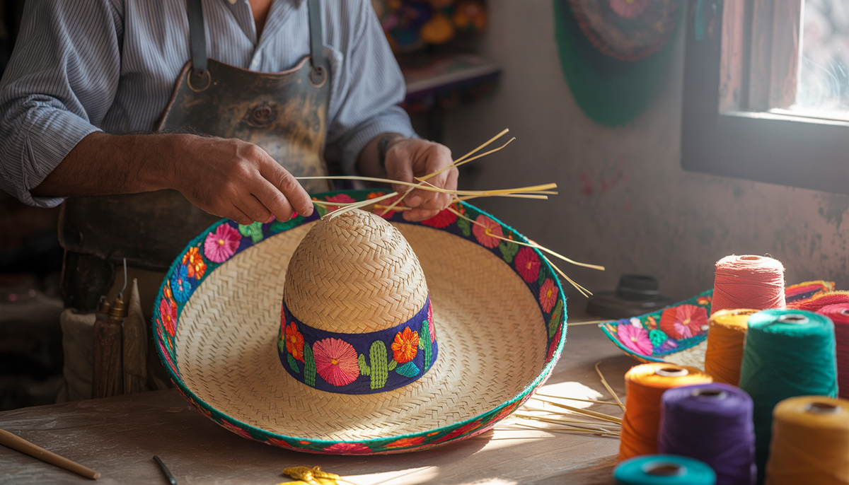 An artisan in a rustic workshop crafting a Mexican style cowboy hat, surrounded by traditional tools and materials, with natural light highlighting the detailed embroidery.