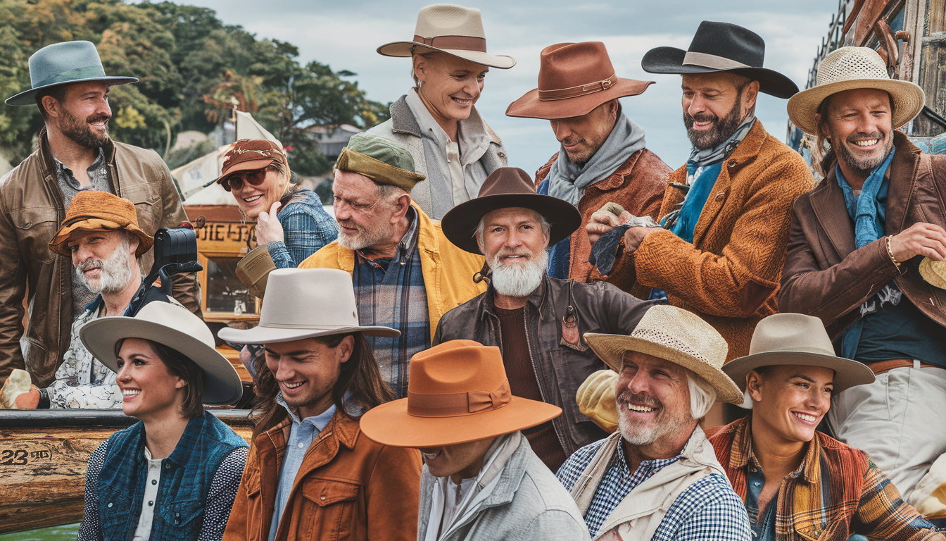 A diverse group of men and women enjoying outdoor activities like hiking and boating, wearing stylish hats from Conner Hats against lush natural and urban backdrops.