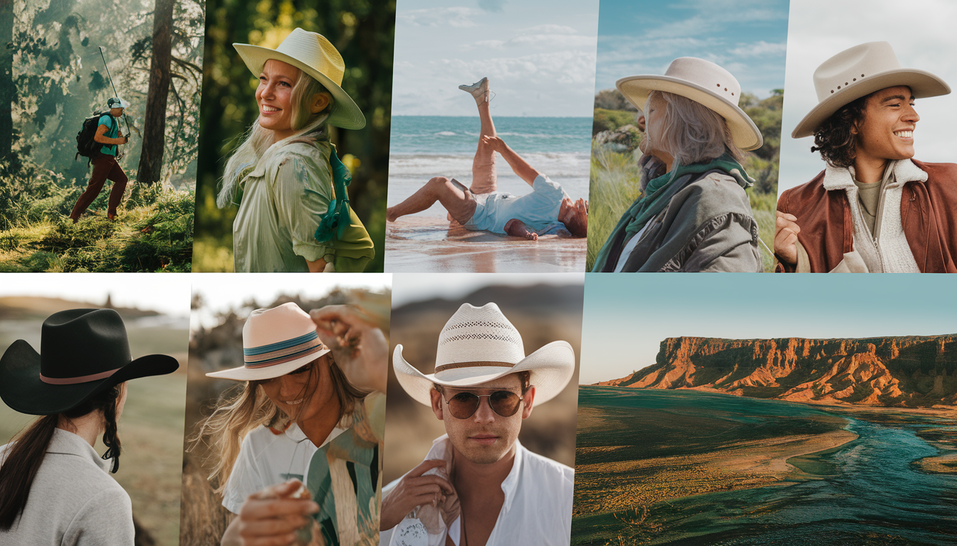 A diverse group of people wearing stylish and sustainable Conner Hats engage in outdoor activities like hiking, beach relaxation, and golfing in various natural settings across the USA.