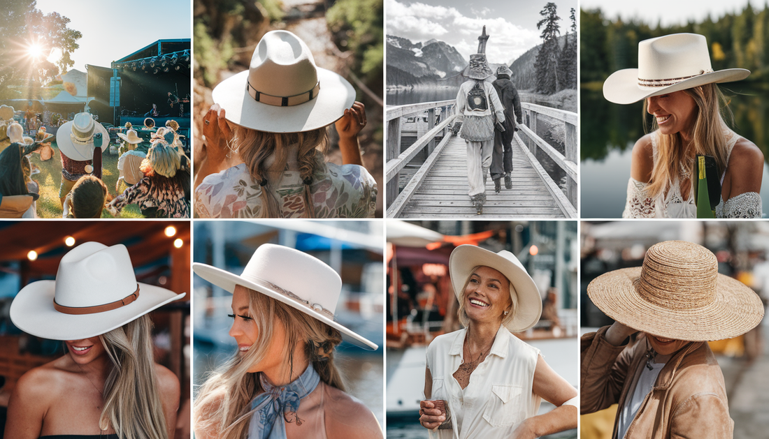 A diverse group of people wearing stylish white cowgirl hats from Conner Hats enjoy various outdoor activities in a sunny festival setting, lush hiking trail, serene boating scene, and vibrant urban environment.