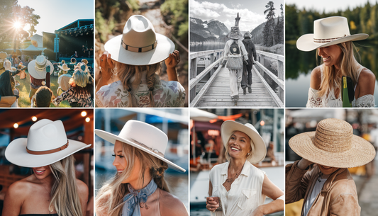 A diverse group of people wearing stylish white cowgirl hats from Conner Hats enjoy various outdoor activities in a sunny festival setting, lush hiking trail, serene boating scene, and vibrant urban environment.