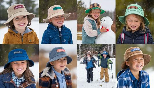 Children wearing various styles of sustainable bucket hats from Conner Hats enjoy a snowy outdoor scene, highlighting eco-friendly fashion.