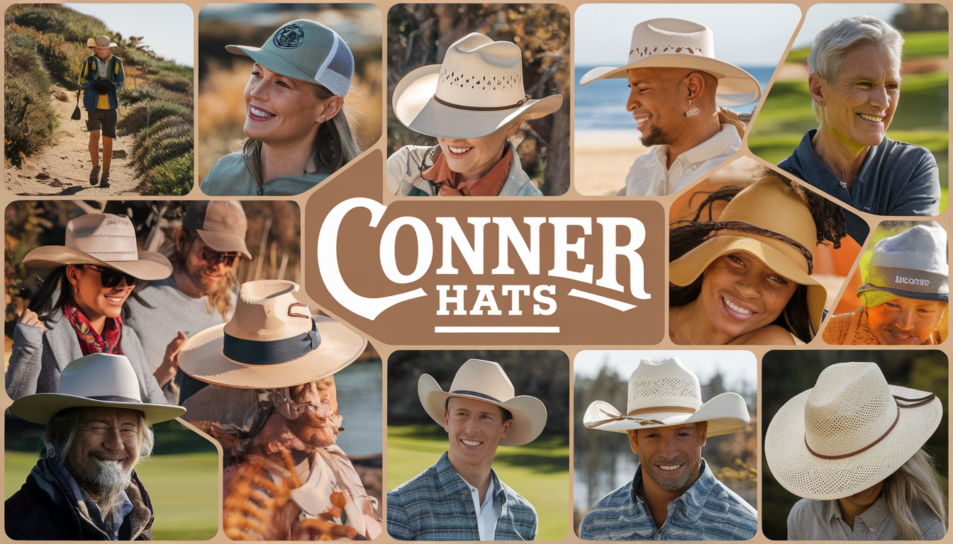 A diverse group of people engaging in outdoor activities while wearing various stylish hats from Conner Hats in a sunny, earthy-toned setting.