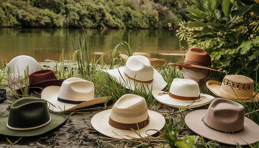 A variety of eco-friendly hats displayed in a lush outdoor setting, emphasizing sustainable hat care.