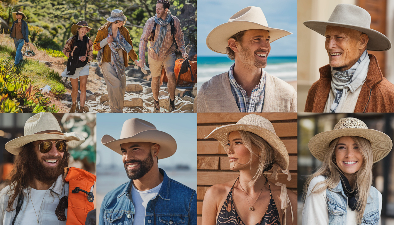 A diverse group of people wearing eco-friendly hats enjoying outdoor activities on a lush hiking trail, a sunny beach, and a bustling urban street.