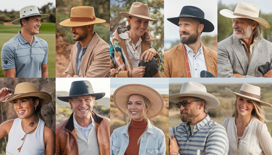 A diverse group of people engaged in outdoor activities, wearing various eco-friendly hats, in a natural setting with a golf course, hiking trail, beach, and outback landscape.