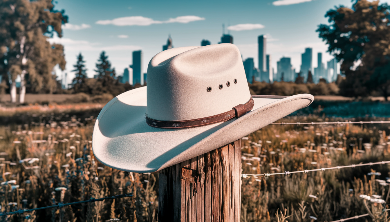 A white felt cowboy hat in a serene outdoor setting with lush greenery and a city skyline in the background.