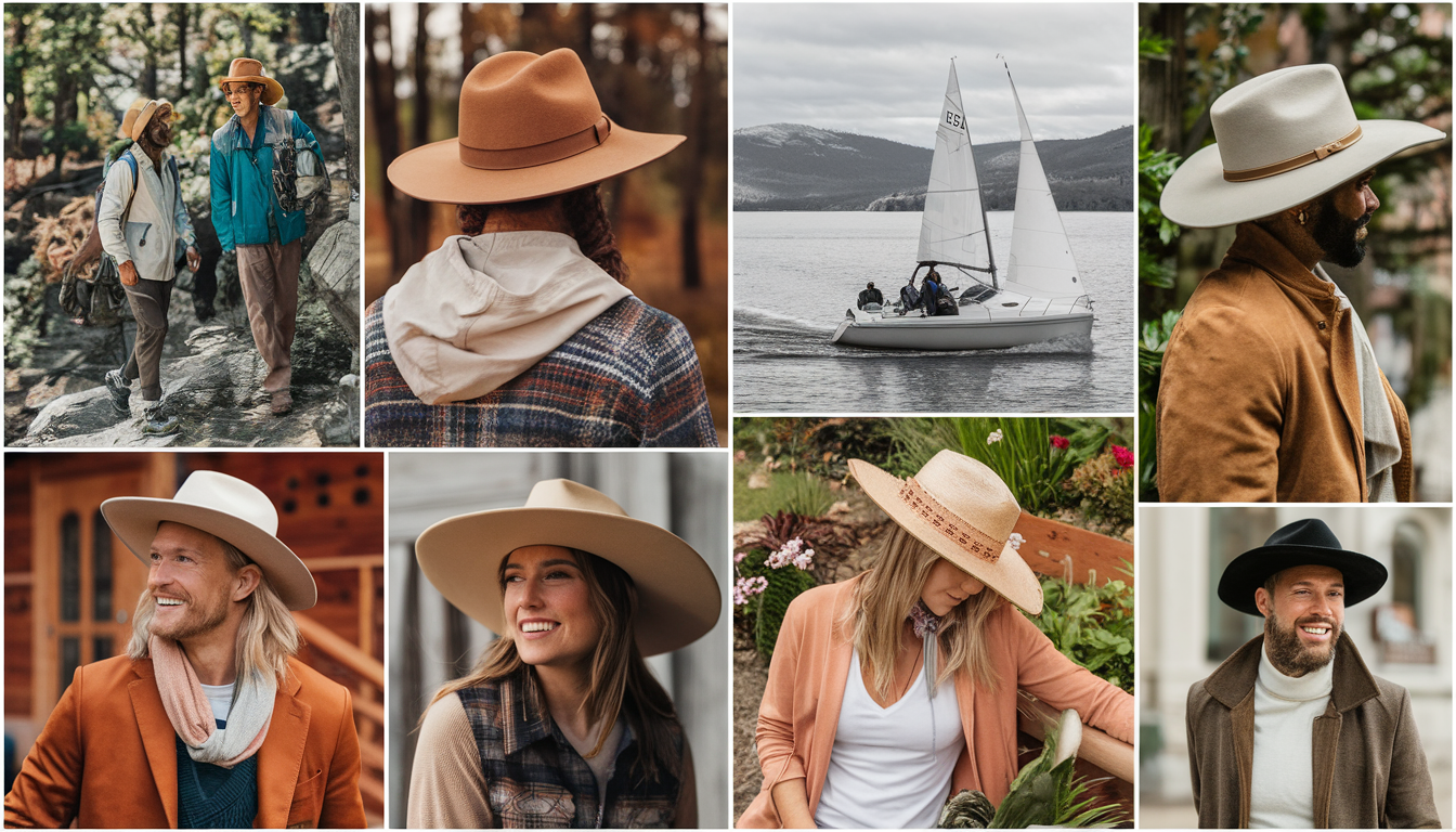 A diverse group of people enjoying outdoor activities in various settings, each wearing eco-friendly custom winter hats by Conner Hats.