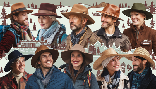 A diverse group of people engaged in various outdoor winter activities, wearing stylish and eco-friendly trapper hats.