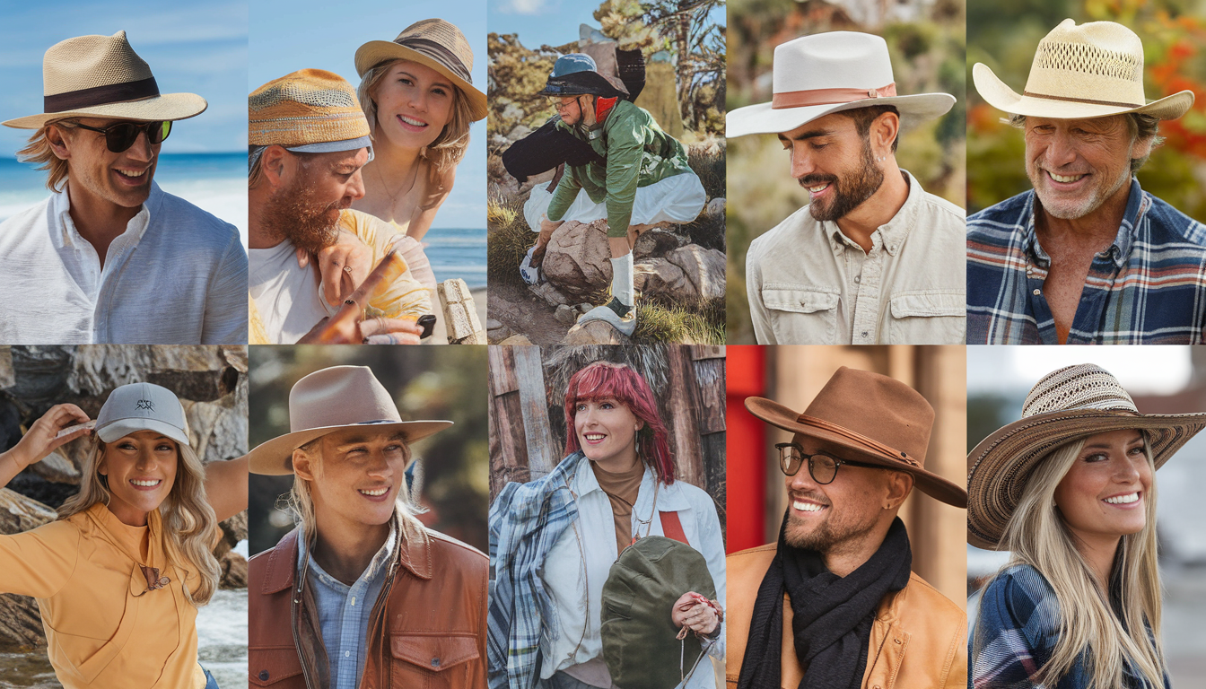 A diverse group of people wearing designer baseball caps from Conner Hats, enjoying outdoor activities in various settings including a beach, hiking trail, and urban environment.