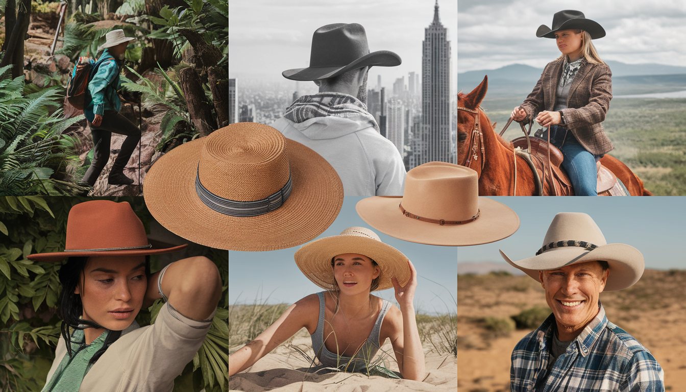 A diverse group of people wearing various Conner Hats, engaging in outdoor activities like hiking, horseback riding, and relaxing, set in different natural landscapes.