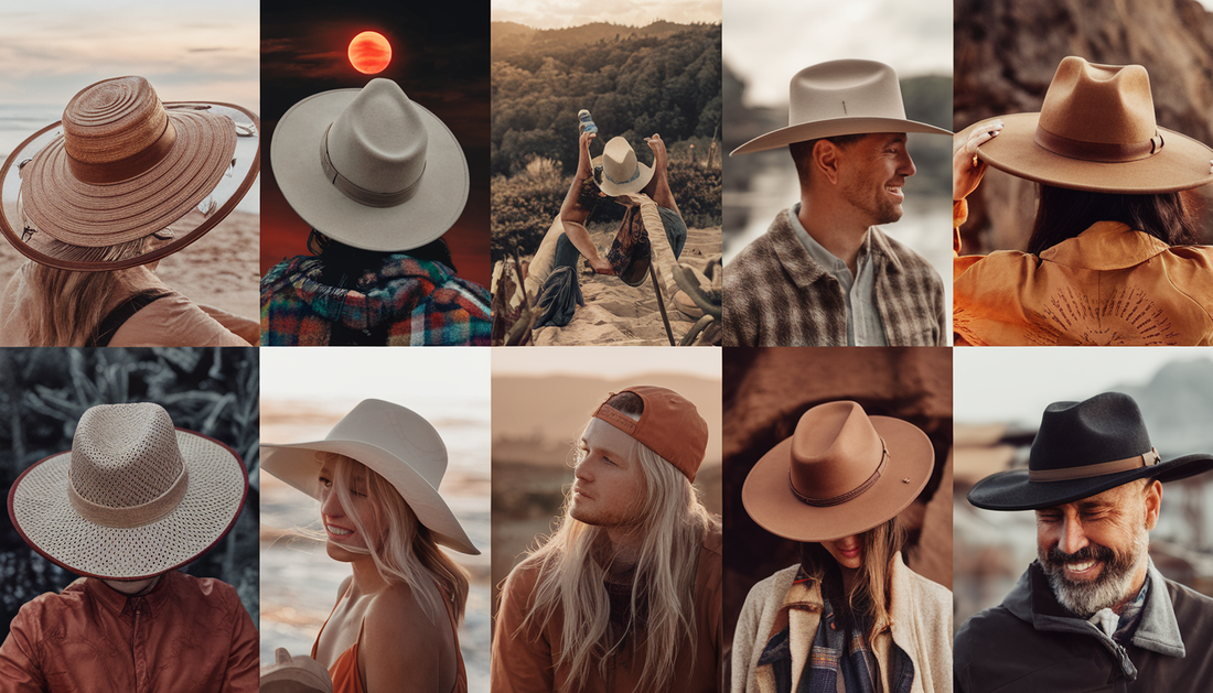 A diverse group of people wearing eco-friendly hats from Conner Hats enjoy a solar eclipse in various outdoor settings, including a beach, hiking trail, and urban rooftop.