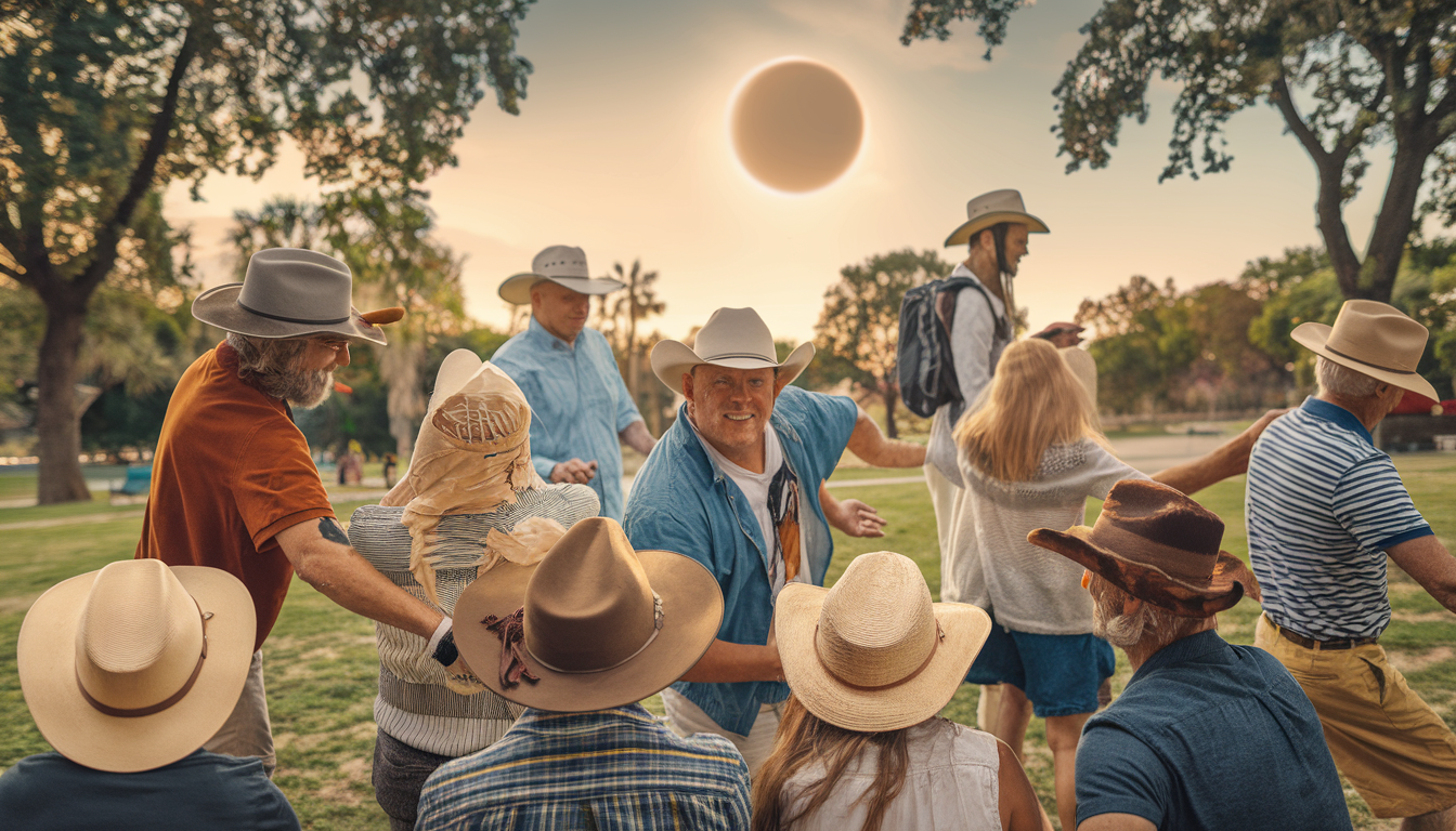 A diverse group of people wearing various styles of Conner Hats enjoy the outdoors during a solar eclipse in a lush park setting.