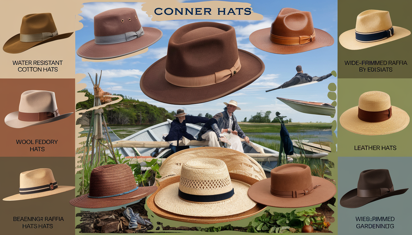 A collection of Conner Hats, including a prominent brown derby hat, displayed in a natural outdoor setting with lush greenery and a clear blue sky, emphasizing sustainability and eco-friendliness.