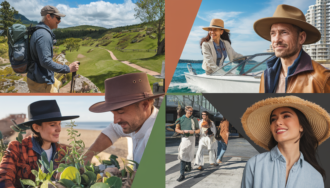 A diverse group of people enjoying outdoor activities like hiking, boating, gardening, and urban strolling, all wearing various styles of hats from Conner Hats in lush green parks, sunny beaches, and scenic hiking trails.