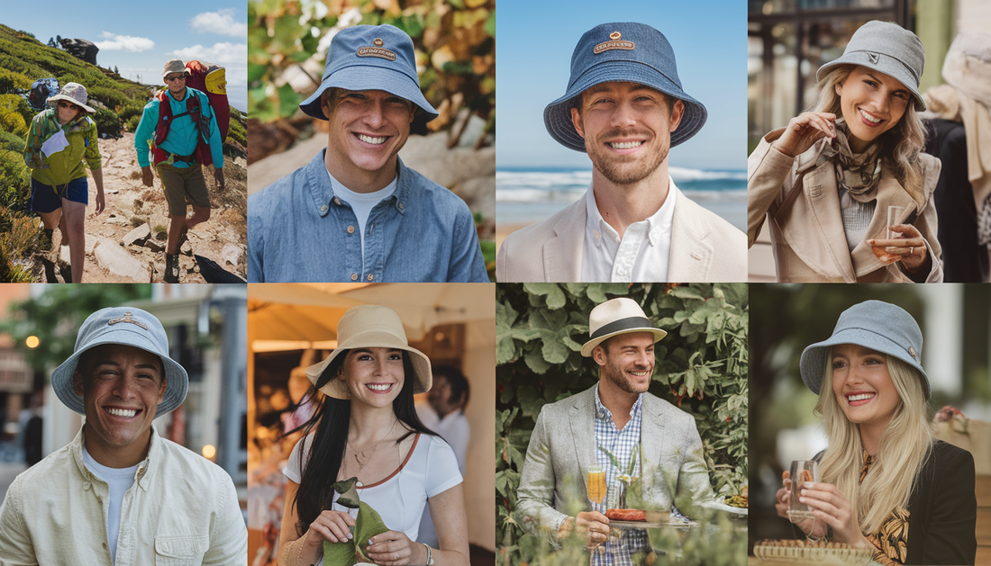 A diverse group of individuals wearing denim bucket hats from Conner Hats in various outdoor and urban settings.