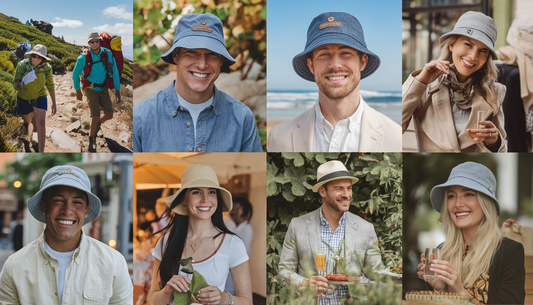 A diverse group of individuals wearing denim bucket hats from Conner Hats in various outdoor and urban settings.