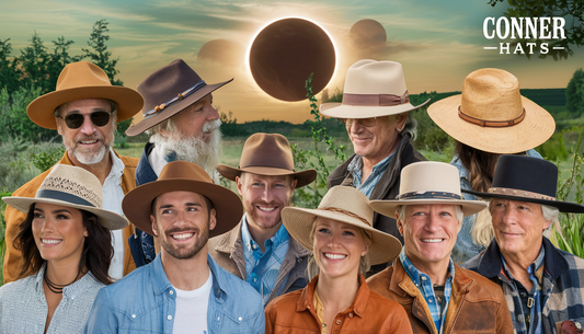 A diverse group of people wearing stylish Conner Hats, including cotton, wool, leather, raffia, and western styles, enjoy a total solar eclipse in a lush, scenic outdoor setting in the USA.