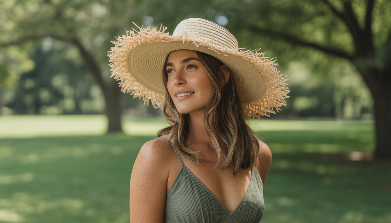 Woman in a park wearing an eco-friendly straw hat and a sundress, surrounded by trees with sunlight shining through.