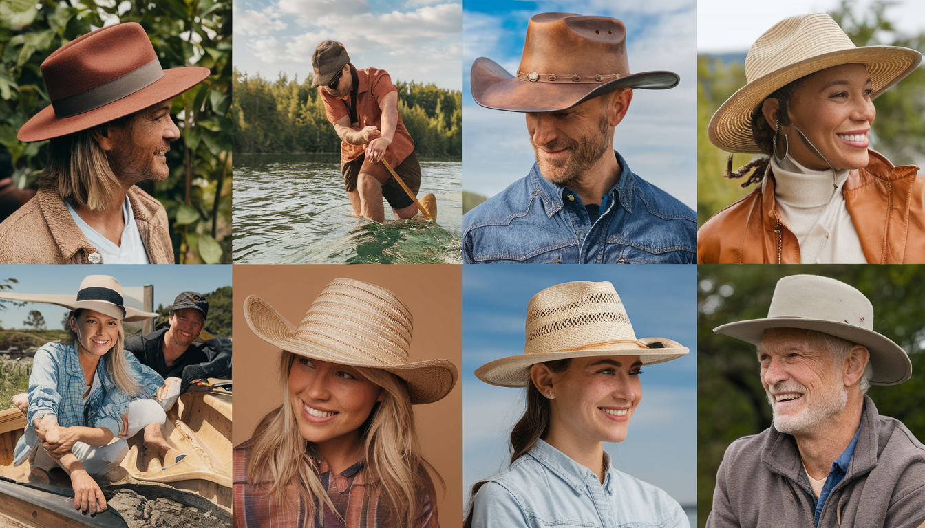 A diverse group of people enjoying outdoor activities like hiking, boating, and gardening, each wearing different styles of hats from Conner Hats, set against a backdrop of lush greenery and a clear blue sky.