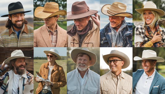 A diverse group of individuals enjoying outdoor activities, each wearing a different style of Conner Hats in a picturesque American landscape.