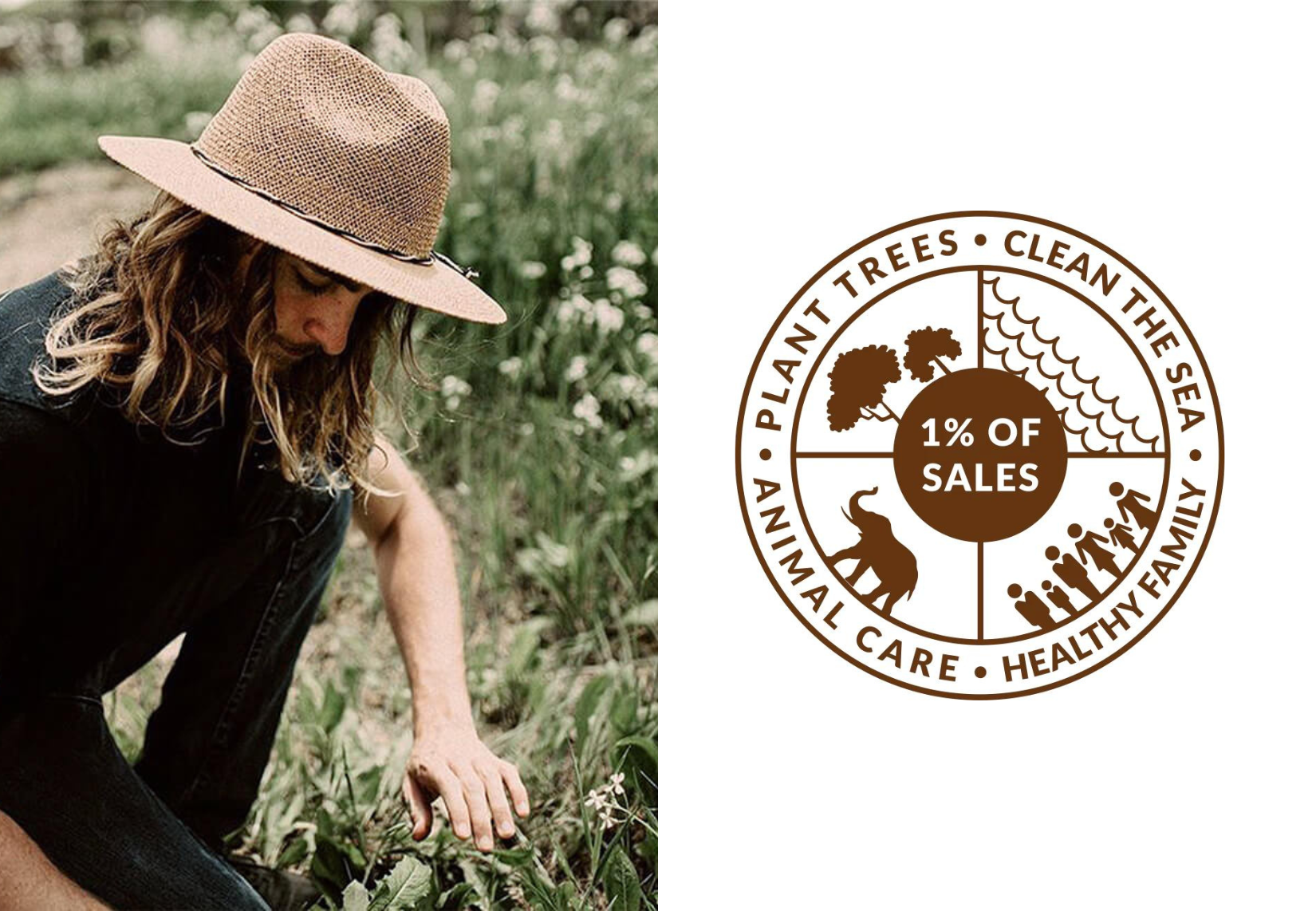 Man in garden with sun protective straw hat and 1% logo showing Conner hats give back program