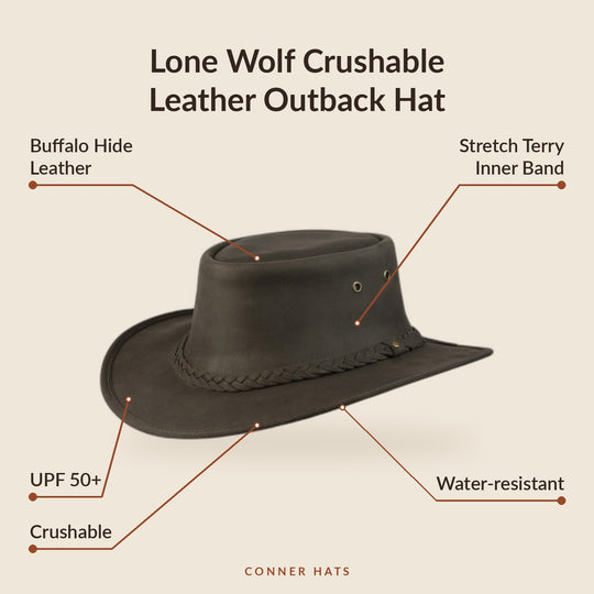 Conner Hats Outback Hats Lone Wolf Crushable Leather | Outback Hat