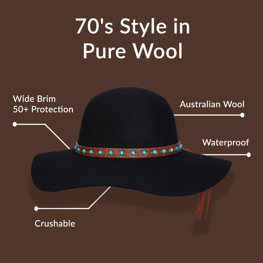 Description of 70's style wool hat, wide brim 50+ UPF protection, Australian wool, Crushable, Waterproof