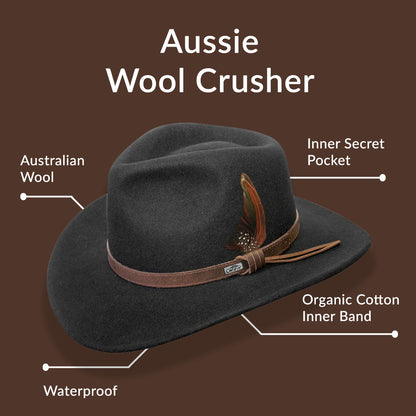 Aussie wool crusher details showing features, Made from Australian wool, inner secret poket, Organic cotton inner band, waterproof