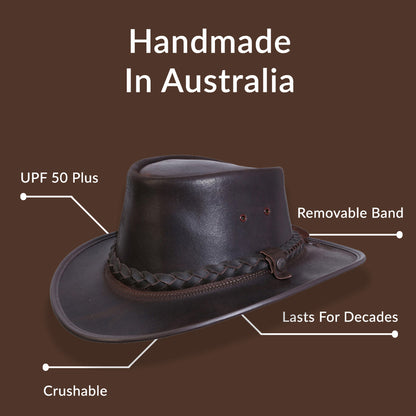 Showing the features of the Bac Pac Traveller hat, Handmade in Australia, UPF 50 Plus, Lasts for decades, Removable band, Crushable