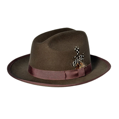 Cattleman shaped cowboy old west style wool hat in Brown color with feather accent and turned up snap brim