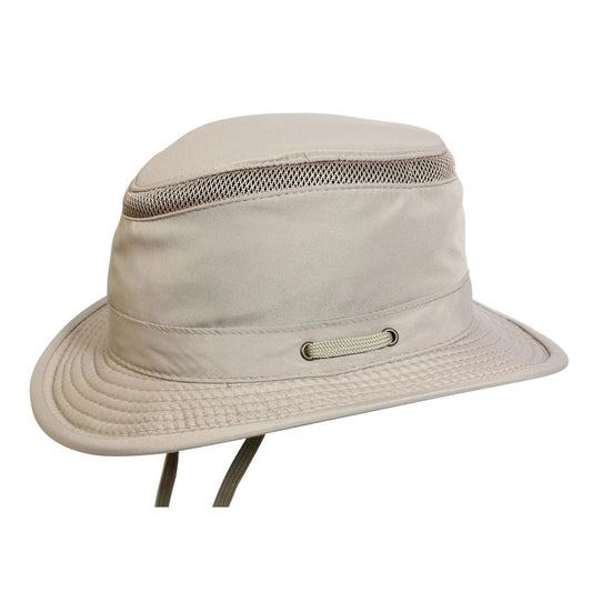 Recycled cloth hat in boating or sailing style with a thin air vent strip at top of crown and short fedora brim and chin cord in color Sand
