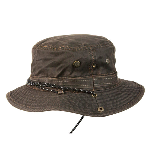 Cloth Bucket hat with brass colored mesh eyelets for ventilation and chin cord and snap up side
