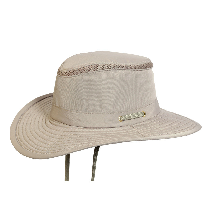 Boating or sailing hat with sun shield that goes into brim and chin cord in color Sand