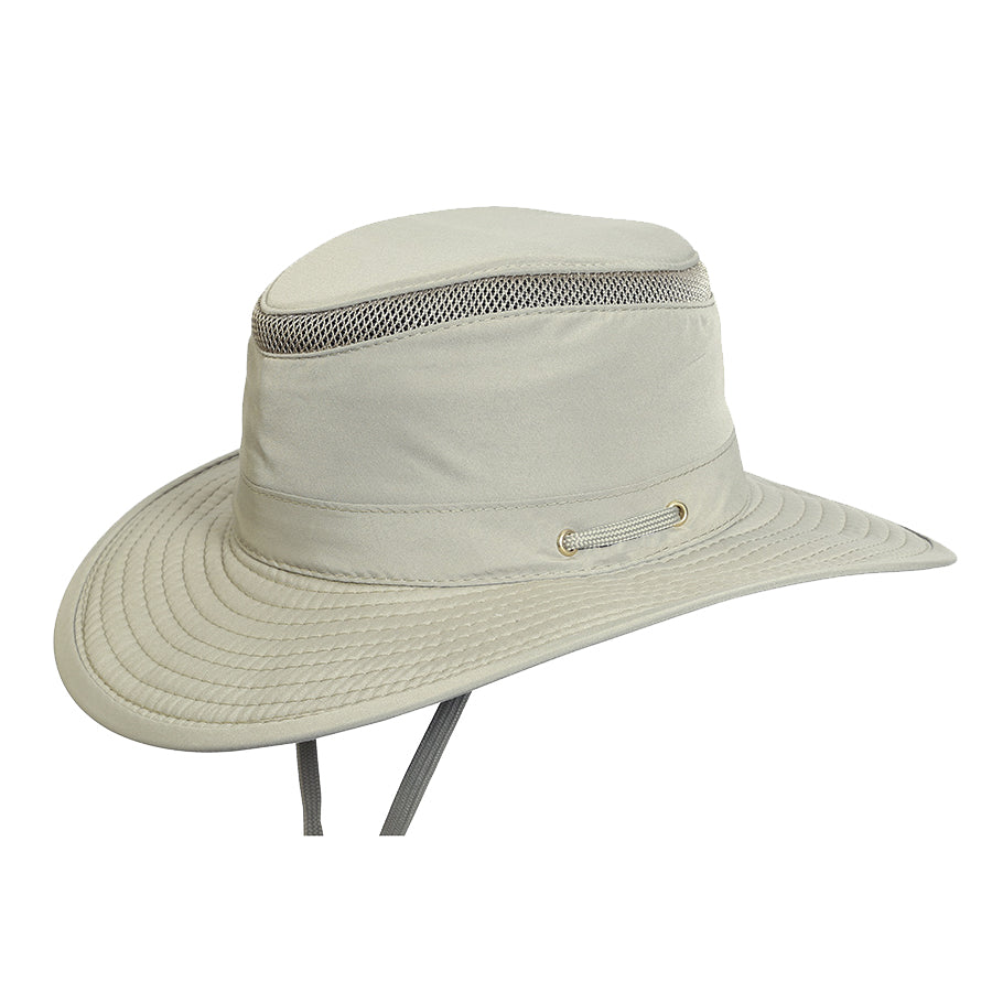 Khaki colored recycled cloth boating sailing hat Hat that floats and has a sun protective ventilation system and secure chin cord for hands free work
