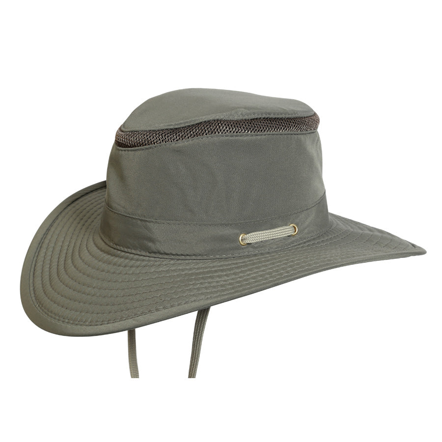 Olive colored recycled cloth boating sailing hat Hat that floats and has a sun protective ventilation system and secure chin cord for hands free work