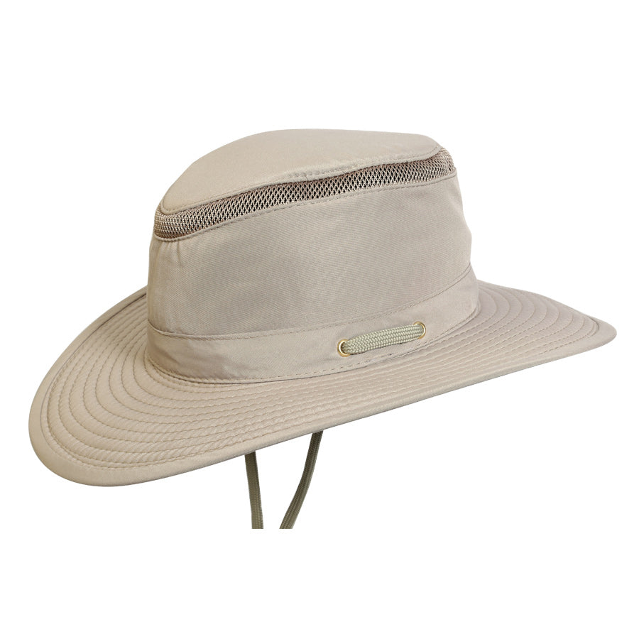 Sand colored recycled cloth boating sailing hat Hat that floats and has a sun protective ventilation system and secure chin cord for hands free work
