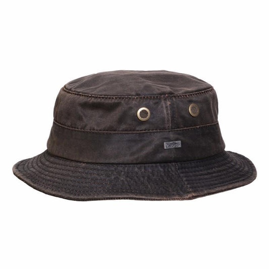 Waterproof cloth bucket Hat with brass colored mesh eyelets and Conner Hat emblem